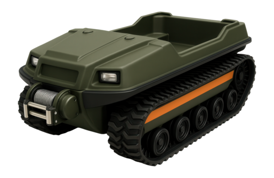 Robust tracked amphibious transport with prominent front winch and hull-mounted lights