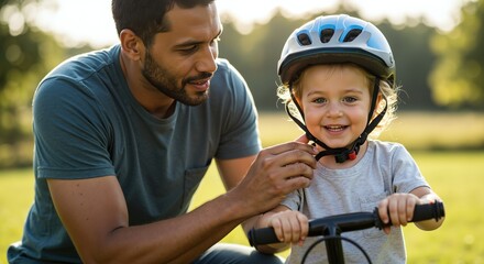 Father fastening helmet on smiling child outdoors. Natural light, candid mood. Safety and parenting concept. Family services, bike insurance, kids education visuals