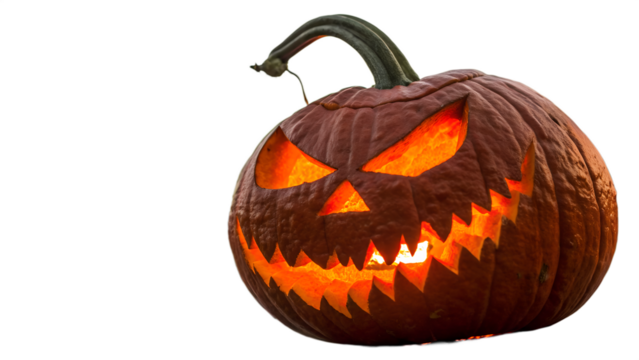 Scary carved halloween pumpkin jack o lantern glowing with a spooky face, isolated on transparent background
