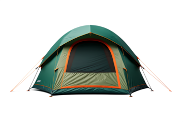Green dome camping tent with orange trim and guy lines isolated on a transparent background image