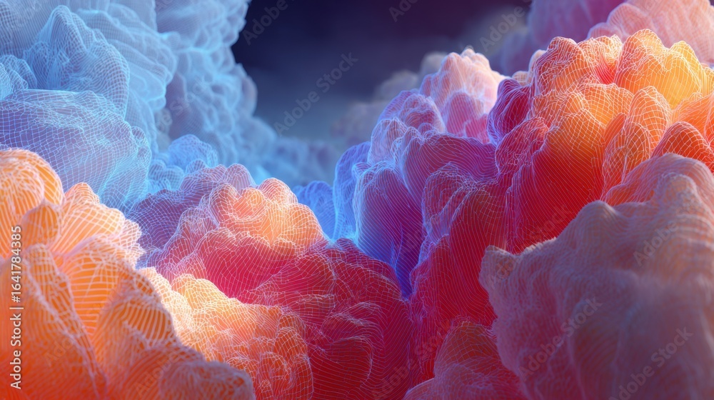 Wall mural colorful abstract 3d illustration of vibrant cloud formations with intricate mesh details, creating 