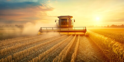 Fototapeta premium Combine harvester working at sunset in golden wheat field