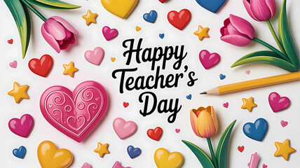 Easter greeting card with pink tulips and a red heart for a happy spring holiday.