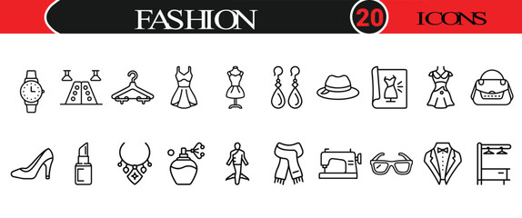 Vector art of fashion icons set isolated on white background, collection of clothing and accessory symbols for design
