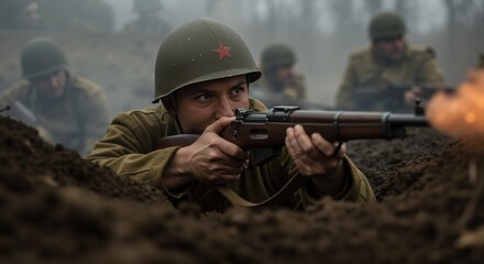 Infantryman aiming rifle in muddy trench under fire. Realistic wartime style. Conflict, focus and courage concept. History projects, memorial posts, security training, veteran aid visuals