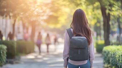 Student walking alone on path through green sunny campus