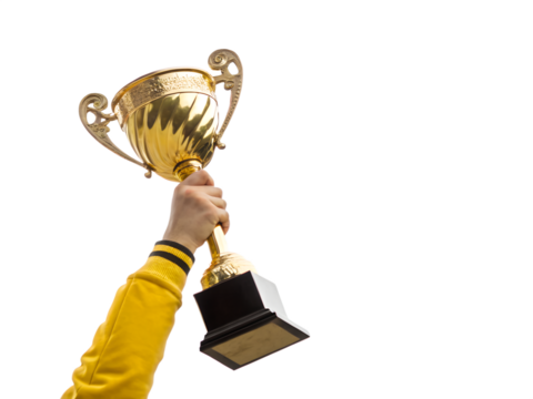 Hand in yellow sleeve holding up a golden trophy isolated on transparent background