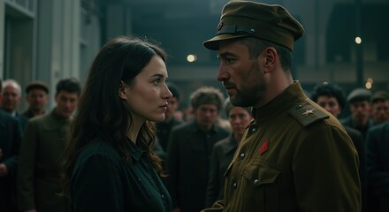 Fototapeta premium Woman facing officer in uniform amid crowd inside hall. Dramatic realistic style. Duty, justice and difficult choice concept. History projects, social campaigns, law education, documentary needs