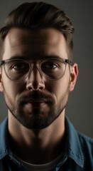 Fototapeta premium Studio portrait of a confident young man with a beard and eyeglasses, looking directly at the camera with an intense gaze under dramatic lighting.