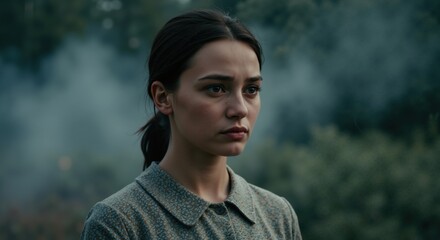 Young woman outdoors in misty forest, thoughtful expression, cinematic mood, soft natural light, resilience and hope concept, space for message