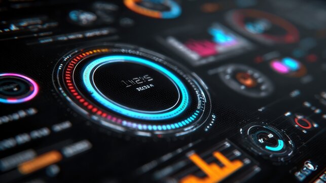 Futuristic digital interface with vibrant circular elements, glowing graphs, and intricate data displays, showcasing advanced technology and user interaction in a sleek design