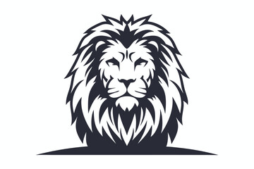 Bold lion head showcases dark silhouette and powerful mane on white background