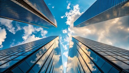 Looking up at modern skyscrapers with glass facade against blue sky