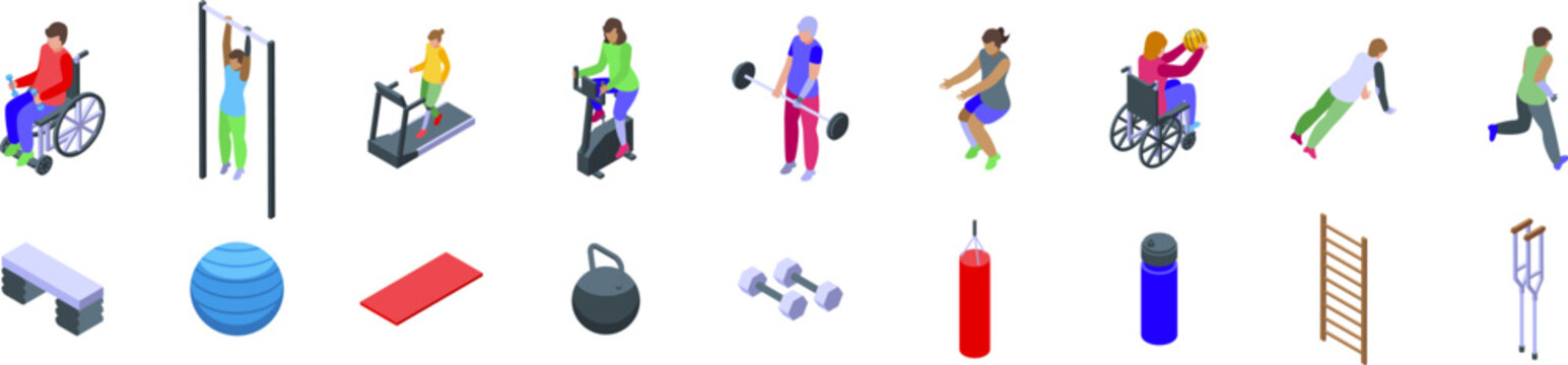 Disabled man gym icons set. Adaptive athletes engaging in various physical activities and exercises, showcasing inclusivity and promoting fitness for people with disabilities