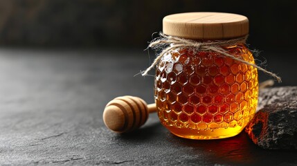 Honeycomb textured jar with honey and wooden dipper on table