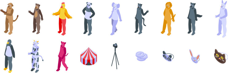 Entertainer animal costume icons set. Animators wearing various animal costumes are promoting a circus show, using a camera and masks © ylivdesign