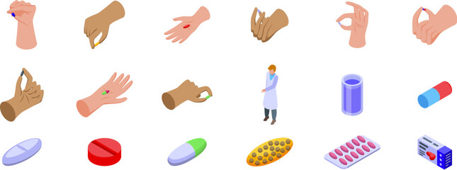 Hand holding capsule icons set. Doctor holding pill and glass of water, various pills and hands holding medicine, representing medication, healthcare, and treatment
