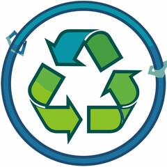 Obraz premium A circular, three-arrowed recycling symbol with green and blue hues, within a concentric blue circle. Outward arrows suggest the concept