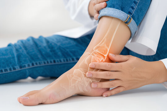 Close-up of a person holding their foot in discomfort, illustrating foot joint pain concept, isolated on white background. Medical, healthcare, injury, arthritis, and physiotherapy theme.
