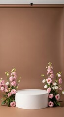 Fototapeta premium Pink flowers on a pedestal with a brown background