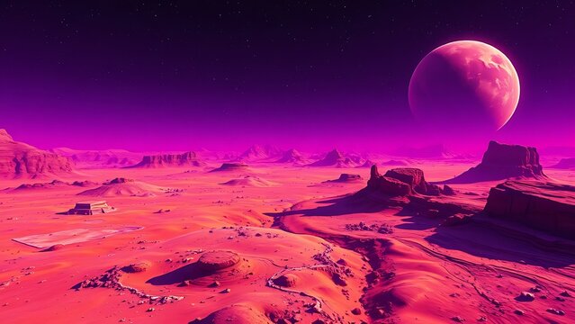 Surreal purple and orange Martian landscape viewed from satellite, with chromatic aberration effects.