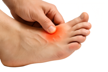 Close-up of a person holding their foot in discomfort, illustrating foot joint pain concept, isolated on white background. Medical, healthcare, injury, arthritis, and physiotherapy theme.
