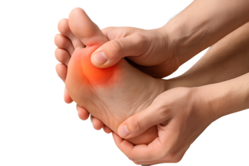 Close-up of a person holding their foot in discomfort, illustrating foot joint pain concept, isolated on white background. Medical, healthcare, injury, arthritis, and physiotherapy theme.