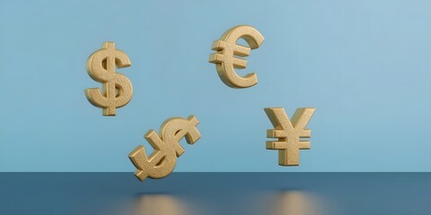 Economy, finance and investment background. Currency exchange concept with floating 3D golden currency symbols (USD, EUR, GBP, JPY) over a soft gradient blue background