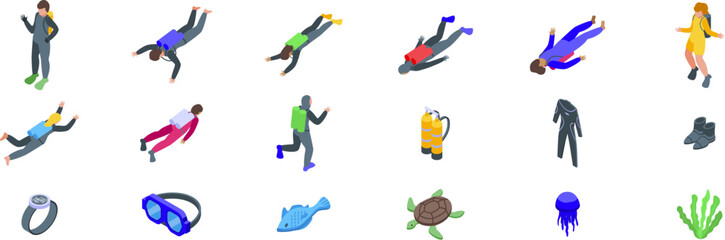 Children scuba diving icons set. Isometric divers swimming underwater, exploring marine life, using scuba gear, and wearing diving suits