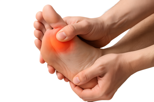Close-up of a person holding their foot in discomfort, illustrating foot joint pain concept, isolated on white background. Medical, healthcare, injury, arthritis, and physiotherapy theme.