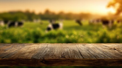 The Rustic Wooden Table Overlooking a Lush Green Pasture with Cows