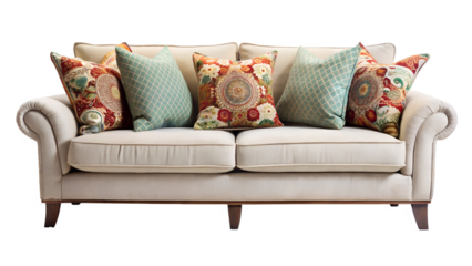Classic tufted loveseat with decorative pillows isolated on transparent background