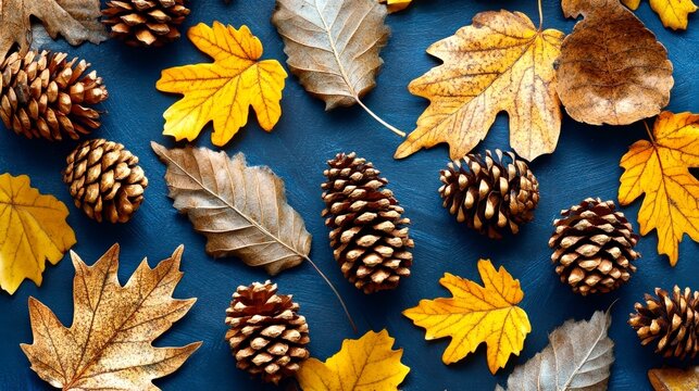 Autumn pinecones and leaves on textured rustic blue backdrop