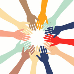 Diverse hands from around the world unite in a powerful circle, symbolizing global collaboration, inclusivity, and strong virtual team connections.