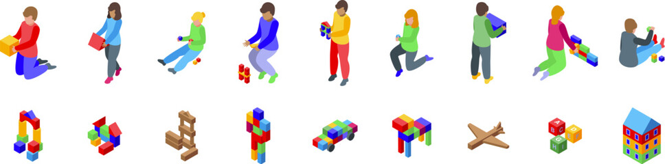 Kids play building blocks icons set. Kids engaging in playful learning, building various structures with colorful blocks, fostering creativity and development