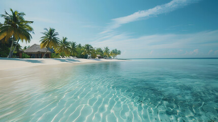 Fototapeta premium a tropical island with crystal clear water and a luxury resort in the background, palm trees waving in the breeze, empty beach foreground for text placement, cinematic travel ad, 16:9