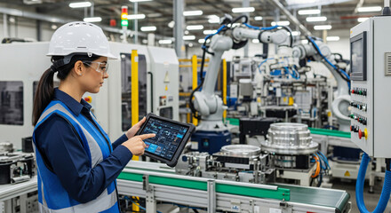 Female engineer monitoring robotic assembly line with tablet in high-tech manufacturing facility