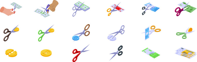 Scissors cutting money icons set. Scissors cutting money and cryptocurrency icons set isometric view representing financial crisis, budget cuts, and economic recession