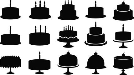 Birthday cake icons silhouette set, party celebration cakes, candles on cakes vector, black dessert symbol, layered cake graphic design