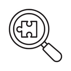 A magnifying glass focusing on a puzzle piece in a black and white line drawing on a white background