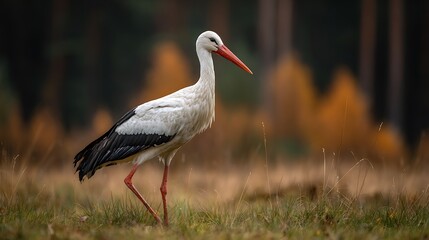 Obraz premium Majestic white stork stands tall in a golden autumn field with a forest background