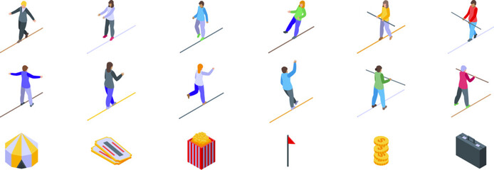 Walk rope balance icons set. Isometric set of people balancing on tightropes, showcasing balancing skills, along with circus related icons like tent, tickets, popcorn, flag, coins, and briefcase