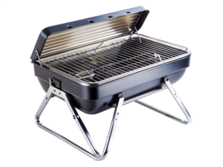 Portable black barbecue grill with chrome legs and open lid, isolated on transparent background
