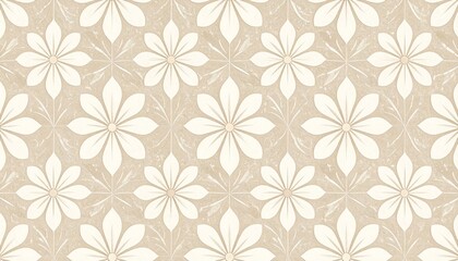 Timeless art deco floral concept. Seamless repeating pattern with stylized white flowers on a textured beige backdrop for elegant design.