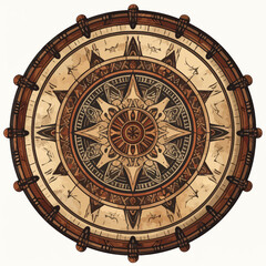 Obraz premium A detailed, circular illustration with a compass-like design, featuring intricate patterns and earth-toned colors. Wooden frame surrounds