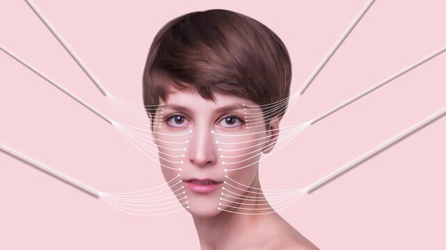 Facelift animation. White lines on woman face showing directions of lifting - Beautiful woman. face and neck. Lifting by threads concept - 2D animation.