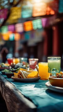 Vibrant outdoor mexican fiesta table setup with colorful decor