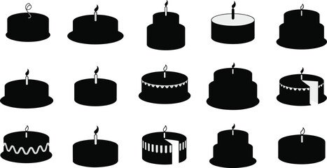 Birthday cake silhouette icons, vector black cake set with candles, party dessert decoration clipart, minimal flat sweet illustration