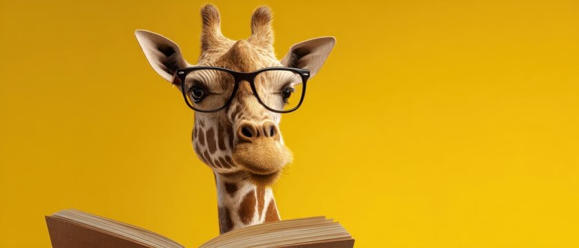 The giraffe wearing glasses reading a book against a bright yellow background.