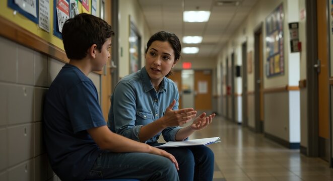 Teacher counseling student in school hallway on bench. Realistic calm style. Support, education and behavior concept. Tutoring services, parent guides, mental health posters, policy materials